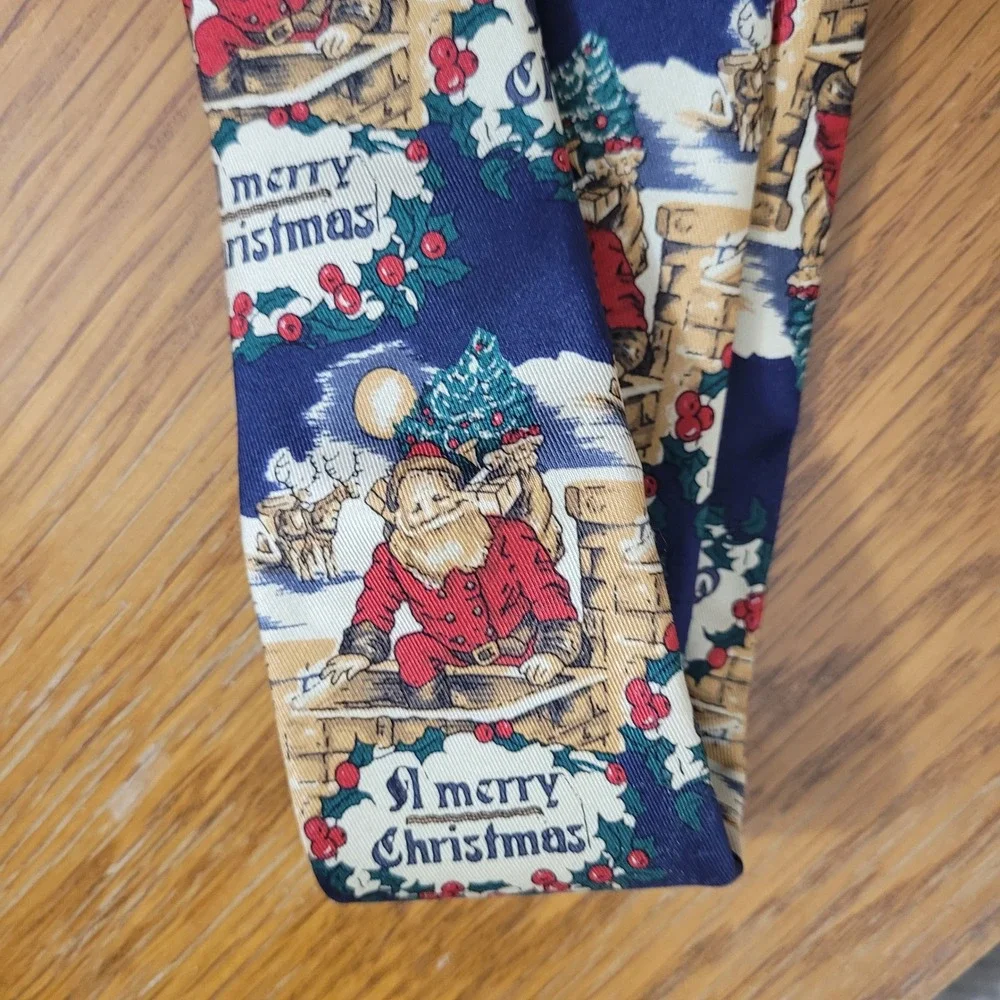 Robert Talbott Mens Silk XMAS Tie Santa Reindeer Navy Blue Hand Sewn England